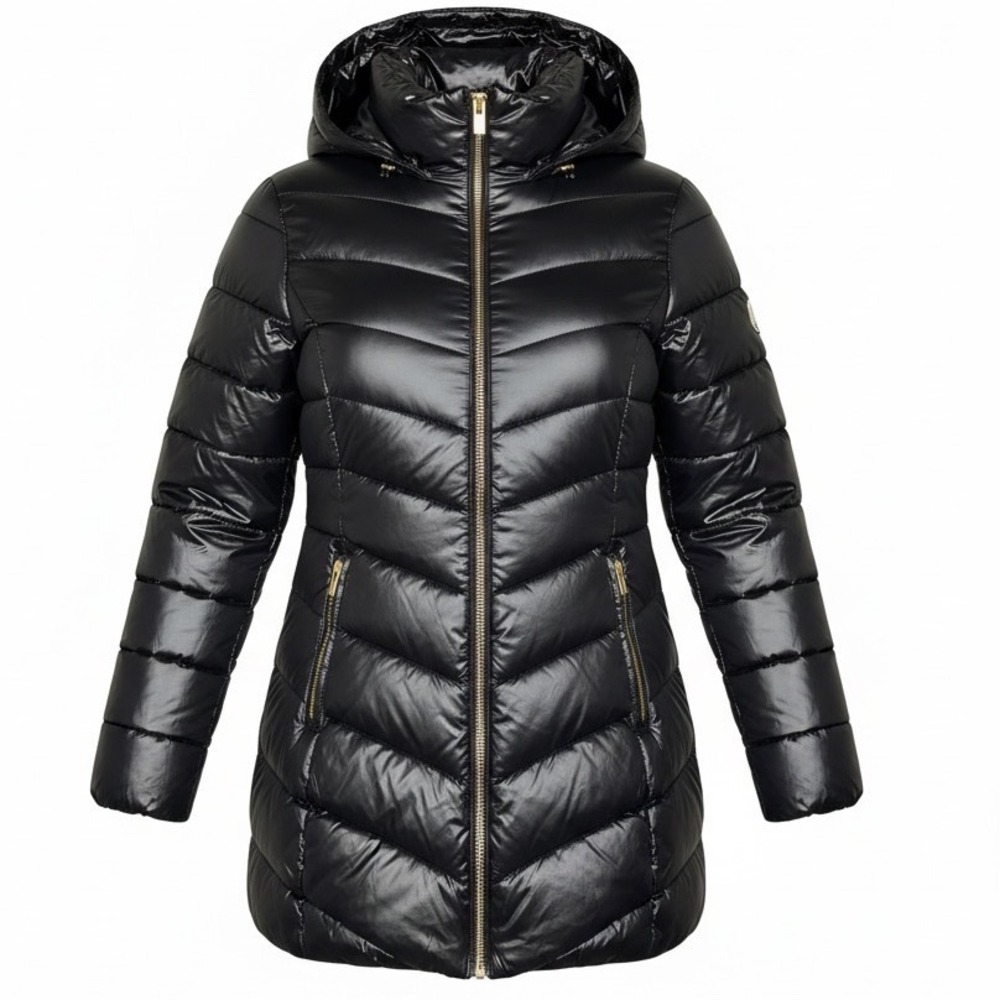 Via Spiga Womens Black Down Puffer Coat Water Repellent Hooded Jacket Small NEW